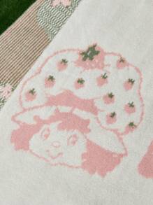 Strawberry Shortcake X SHEIN 卡通人物草莓图案针织粉色加厚保暖流苏围巾，礼品创意