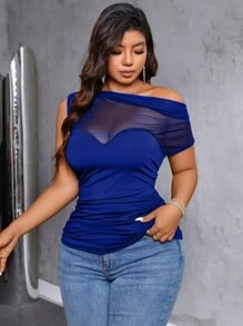 Allurite Plus Size Women Mesh Contrast Asymmetrical Neck Short Sleeve Casual Top, For Summer