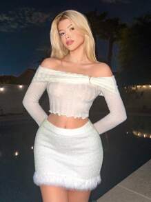 Sweetina Foldover Off Shoulder Lettuce Trim Slim Fit Crop Sweater - White - View 3