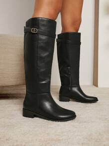 SHUZIA Black, Ridding Boot, Buckle, Inner Zipper, Comfortable Fit Holiday Vacay Vibe For Summer Shoes Spring Shoes Spring Break Easter For Christmas Valentine's Day - Black - View 4