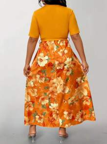 SHEIN LUNE 大码优雅花卉印花 V 领系带夏季连衣裙 - 彩色 - 查看 2