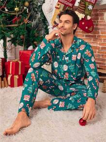 SHEIN 2pcs Men's Green All-Over Christmas Themed Print Loungewear Set, Long Sleeve Cardigan And Relaxed Pants, Comfortable