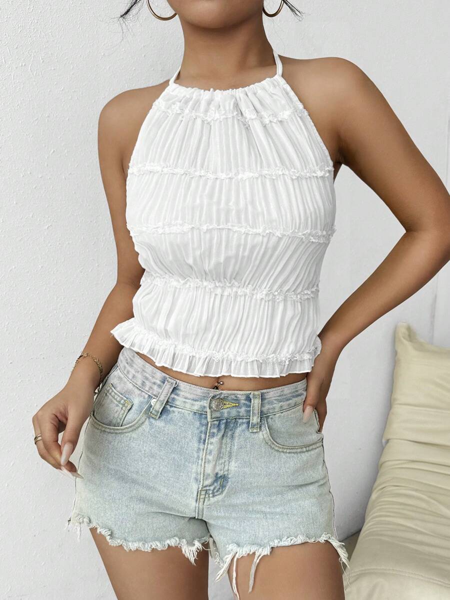 Breezaya Women's Ruffle Hem Top With Neck Tie - White - View 1