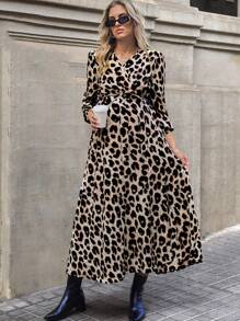 SHEIN Vestido de maternidad elegante de cuello en V, manga farol, estampado de leopardo para primavera y otoño