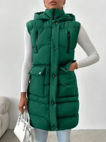 EURMUSE Women's Solid Color Front Zipper Sleeveless Casual Padded Coat - Green - View 6