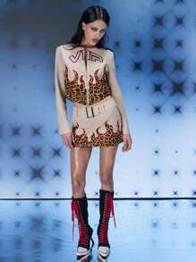 FREAK CITY Designer Women Cotton Twill Leopard Printed Applique Mini Skirt Sexy Street Skirt, For Holiday, Party, Vacation, Spring, Beach, Festival, Ibiza Fits