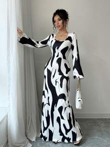 Chiquease Calvaya Urban Chic 动物印花喇叭袖口圆领长袖收腰连衣裙，适合女士，秋冬/适合日常/短款舞会礼服/女士非洲连衣裙/绷带连衣裙/商务休闲/秋季、万圣节、返校节、返校 - 黑與白 - 查看 7