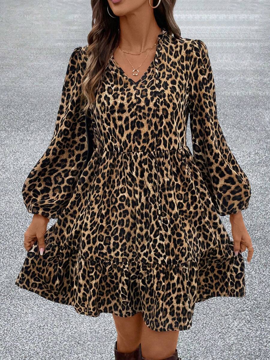 SHEIN Clasi Women's Loose Fit Animal Print V-Neck Long Sleeve Mini Dress With Tie Belt, Urban Chic, Fall/Winter - Multicolor - View 1