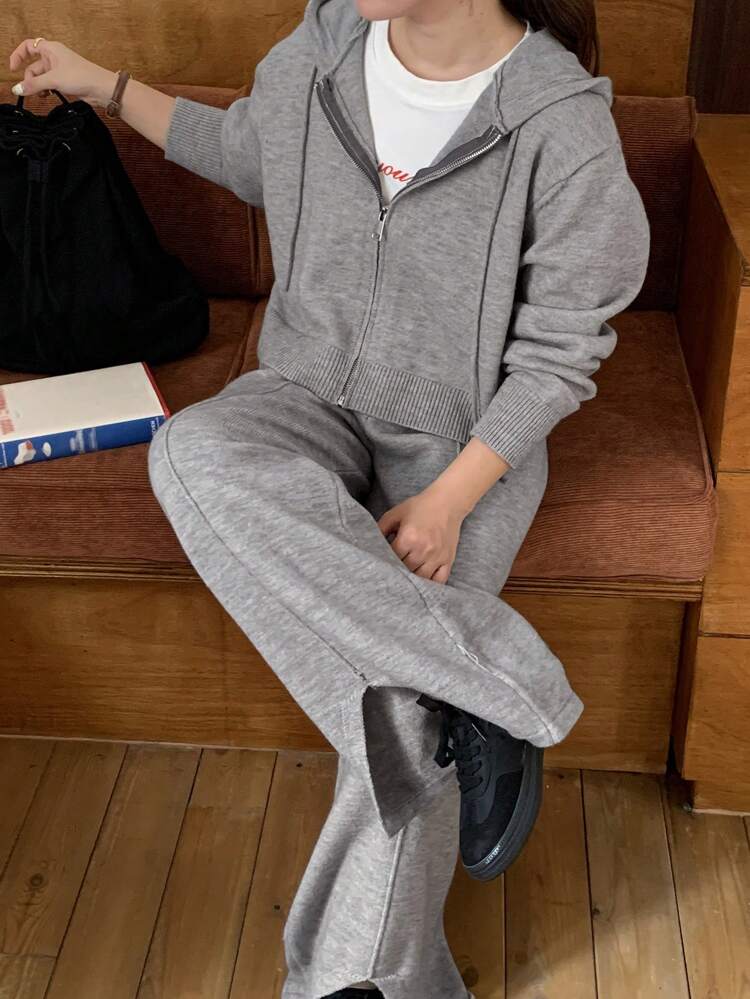 2pcs Women's Hooded Zip-Up Sweater Top & Pants Leisure Knit Set, Autumn/Winter,Fall Women Clothes