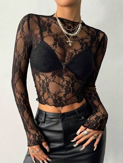 SHEIN PETITE Bluzka damska z koronką w jednolitym kolorze, z długim rękawem, minimalistyczna, przezroczysta (krój losowy)