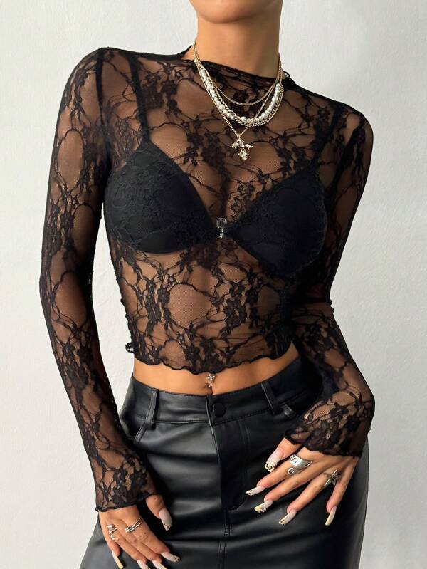 SHEIN PETITE Bluzka damska z koronką w jednolitym kolorze, z długim rękawem, minimalistyczna, przezroczysta (krój losowy)