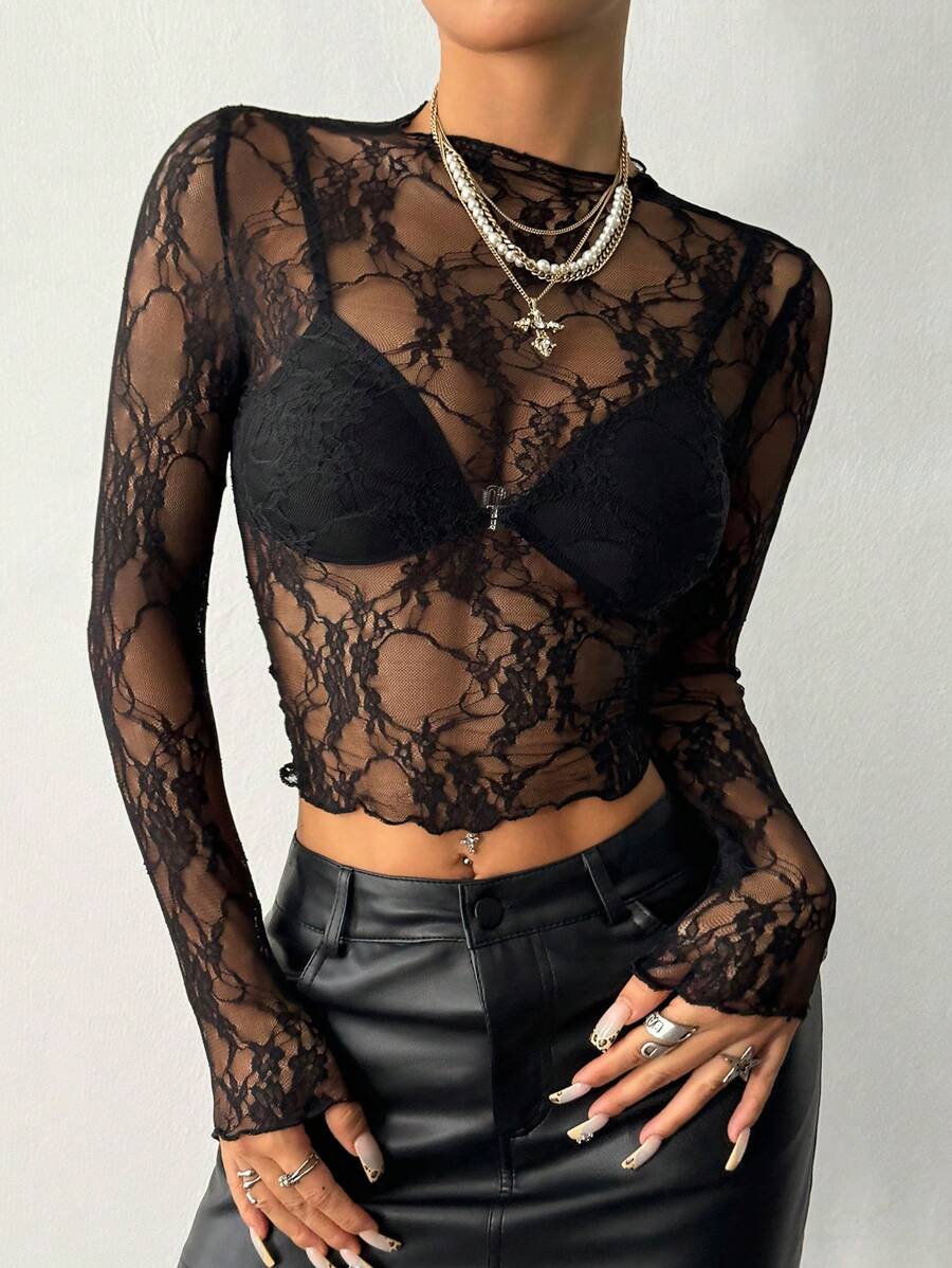 EgrlEra Petite Bluzka damska z koronką w jednolitym kolorze, z długim rękawem, minimalistyczna, przezroczysta (krój losowy)