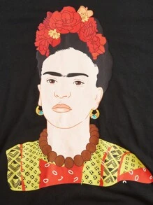 Frida Kahlo X SHEIN Áo thun nữ tay ngắn họa tiết mùa hè đơn giản - màu đen - Xem 7