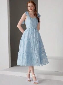 SHEIN Belle فستان حفلة بحمالات سباغيتي من الدانتيل والزهور باللون الواحد للنساء - الأزرق - مشاهدة 4