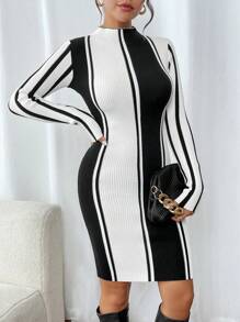 SHEIN Clasi Váy len cổ bẻ họa tiết sọc cho nữ công sở thường ngày, trang phục công sở, váy dự tiệc cưới mùa thu, - Đen và trắng - Xem 6