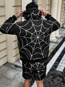 Manfinity LEGND Conjunto de sudadera con capucha y cordón y pantalones cortos con estampado de telaraña all-over, atuendo de Halloween para hombre