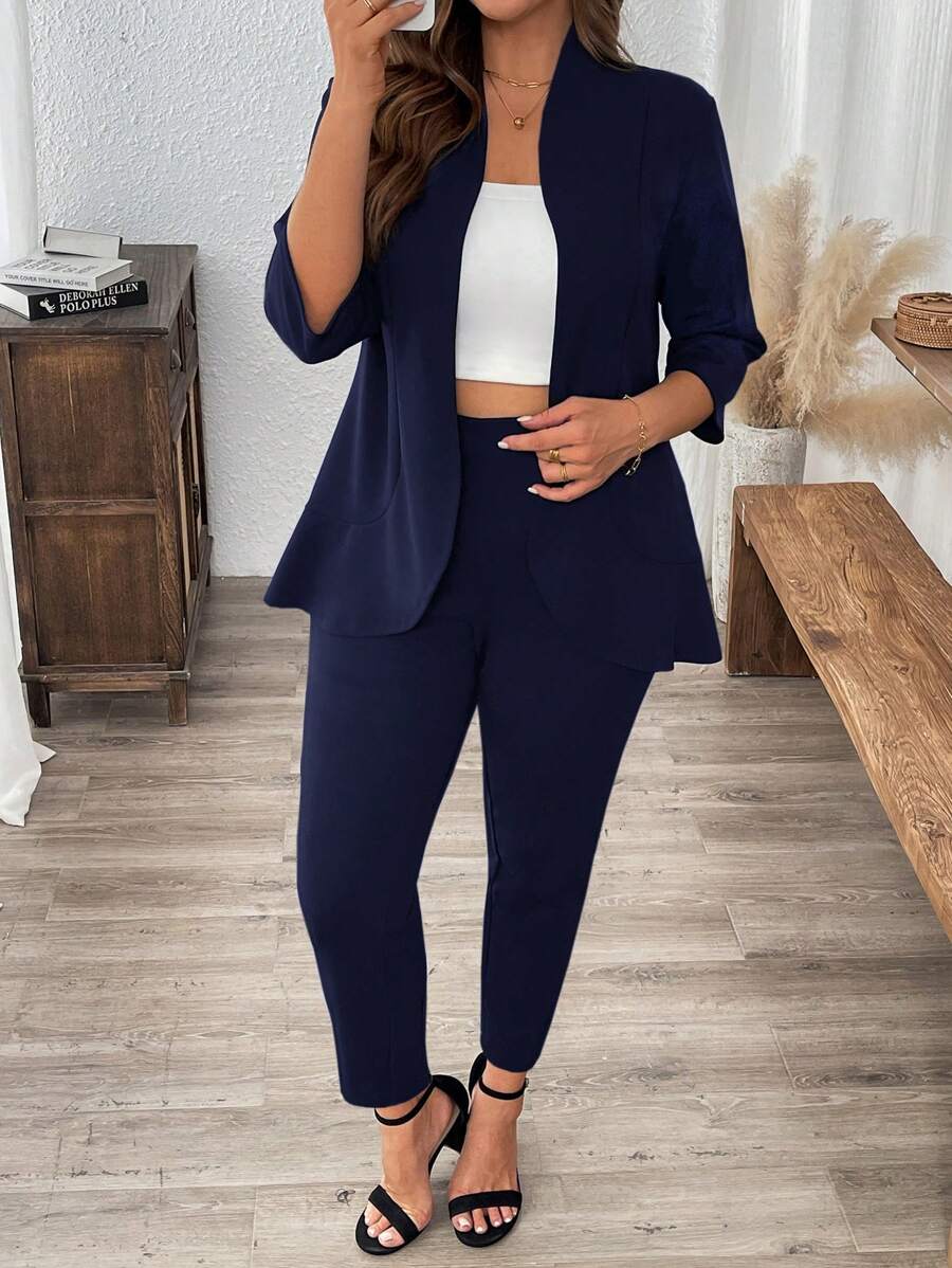 SHEIN LUNE Plus Size Solid Color Short Front Long Back Blazer Jacket