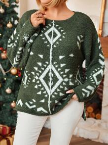 Große Größen Farbblock Geometrisch Weihnachtspullover, für den Winter