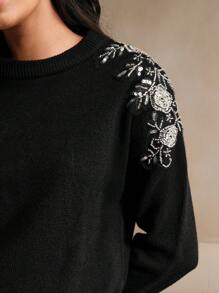 Anewsta 优雅水钻装饰圆领黑色毛衣上衣，情人节女士穿搭 - 黑色 - 查看 7