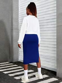 2 件套青少年女孩字母印花长袖 V 领运动衫和修身连衣裙套装 - 寶藍色 - 查看 2