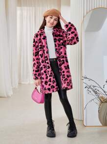 SHEIN Tween Girls Fuchsia Pink Hooded Fluffy Leopard Print Mid-Length Jacket