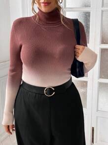 SHEIN Essnce Plus Size Women's Gradient Turtleneck Sweater Pullover Top,Burgundy,Smart Casual,Everyday Warm Inner Wear Fashionable Casual Costumes Fall/Winter - Multicolor - View 6