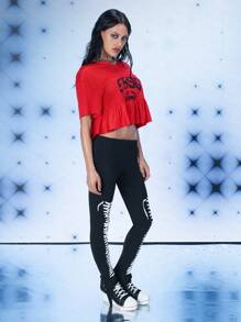 FREAK CITY Designer Women Ruffled Hem Athletic Mesh Graphic Printed Retro Street Red Top, For Holiday, Vacation, Spring & Summer, Going Out, Festival, Ibiza Fits