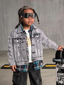 SHEIN Explorewe Young Boys Denim Jacket New Casual Fashion Distressed Washed Denim Jacket - Grey - View 5