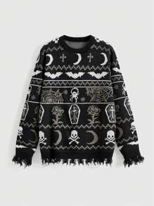 ROMWE Christmas Oversized Bat & Skeleton Gothic Pattern Women Sweater - Black and White - View 1