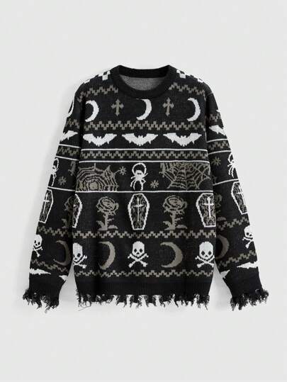 Christmas Oversized Bat & Skeleton Gothic Pattern Women Sweater