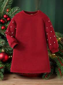 Emery Rose Kids Emery Rose Kids Kleine Mädchen Lässig Sweatshirtkleid mit Rundhalsausschnitt und weichen Perlenverzierungen, langärmelig, ideal für Freizeit  und den Alltag sowie für die Schule im Herbst und Winter, zu Weihnachten, Drop-Shoulder