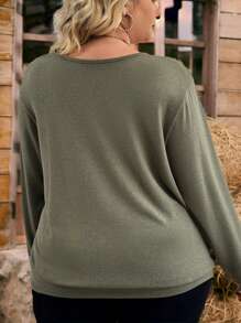 SHEIN CURVE+ Plus Size Solid Square Neck Pullover,Fall Tops,Fall Outfits,Fall Women Clothes - Army Green - View 2