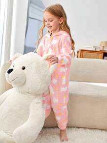 SHEIN Young Girls' Cloud & Star/Moon Pattern Long Sleeve Hooded Fuzzy Jumpsuit With Zipper Front, Comfortable For Fall/Winter