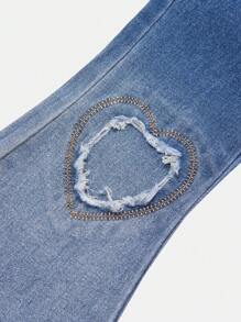 SHEIN Explorewe Young Girls Casual Simple Ombre Washed Heart Patched Distressed Effect Y2K Retro Flare Jeans, Elastic Waist Girl's Denim Trousers - Medium Wash - View 4