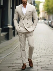 Manfinity Mode 2pcs Men's Solid Color Lapel Neck Double-Breasted Suit Jacket And Pants Business Casual Outfit,Men's Solid Color Simple Daily Long Sleeve Suit Set,Light Apricot Suit Set