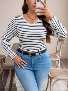 SHEIN LUNE Fall Clothes Casual Everyday Wear Plus Size Striped Basic Fitted T-Shirt Autumn Long Sleeve Striped T-Shirt Holiday Outfit