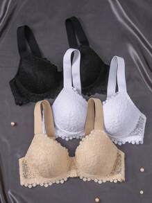 DesireSculpt 3pcs/Set Soft & Comfortable Wide Strap Seamless Lace Padded Wireless Bra, All-Match Everyday Lingerie - Multicolor - View 1