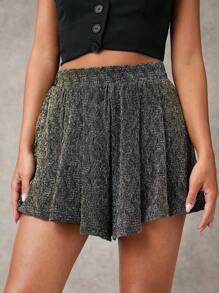 SHEIN BAE Women Metallic Pleated Elastic Waist A-Line Mini Shorts, Minimalist, Club - Black - View 3