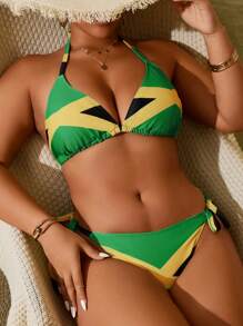 Swim Vcay Conjunto de Maiô Bikini Sexy com 2 Peças, Plus Size, Bloco de Cor, Alça, Costas Abertas, Amarração na Frente, Para Praia de Verão - Verde - Visão 1