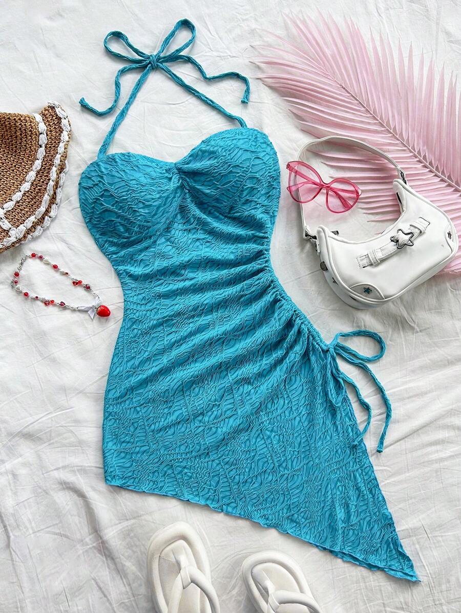 Soleia Váy vải có dây rút buộc eo gợi cảm, viền bất đối xứng, đi nghỉ mát - trắng - Xem 1