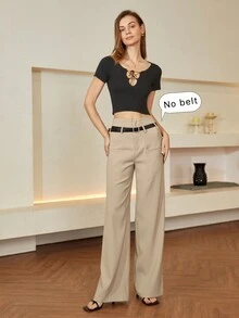 SHEIN Black Friday x Star Picks Women High Waisted Solid Straight Leg Casual Pants, Old Money Style, Business Casual, Spring/Summer - Khaki - View 3