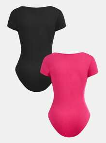 SHEIN Bộ 2 bộ đồ liền thân tay ngắn cổ vuông đơn giản dành cho bé gái tuổi teen - Màu Hồng Tươi - Xem 2