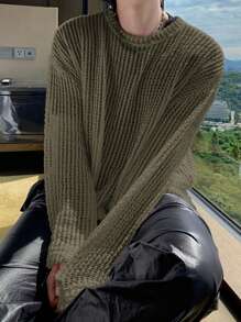 DAZY Áo len dài tay cổ tròn khoét rỗng màu trơn cho nam, mùa xuân/hè - xanh quân đội - Xem 4