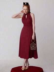 SHEIN Belle Burgundy Red Women's Elegant Open Shoulder Solid Color Formal Evening Dress (Heavy Style) - Burgundy - View 3