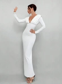 Aloruh 女士秋冬派对深 V 领褶饰闪亮长袖修身连衣裙 - 白色 - 查看 4