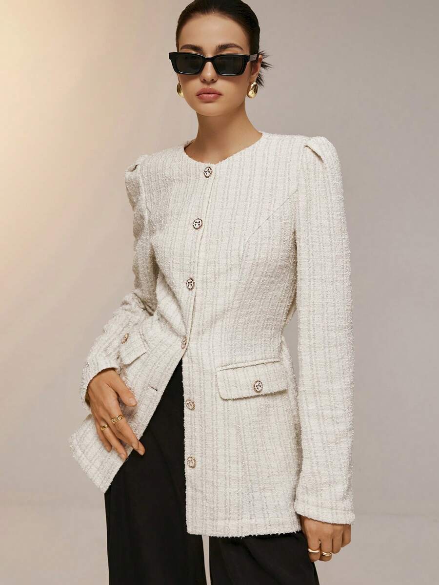 Poéselle Áo khoác dệt kim dài tay màu be vải tuýt phong cách sang trọng dành cho nữ, có lót, thanh lịch và quyến rũ, thiết kế xẻ gấu, hai túi bên, quần áo mùa thu cho nữ, áo khoác tuýt, phù hợp cho những dịp trang trọng trong công việc, những dịp đi chơi, quần áo dự tiệc cho nữ - Màu be - Xem 1