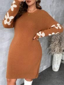 SHEIN LUNE 加大码落肩袖花卉刺绣宽松毛衣连衣裙商务休闲女士、度假装、乡村上衣，适合冬季