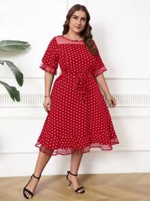 SHEIN Clasi Plus Size Women's Summer Polka Dot Print Mesh Splice Crew Neck Half Sleeve Elegant Dress - Red - View 6
