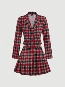 SHEIN MOD 女士红色和黑色套装：格子翻领西装外套和褶皱迷你裙，春秋女士裙套装，女巫，演唱会服装，西部，机场，商务，工作，， - 紅色 - 查看 1