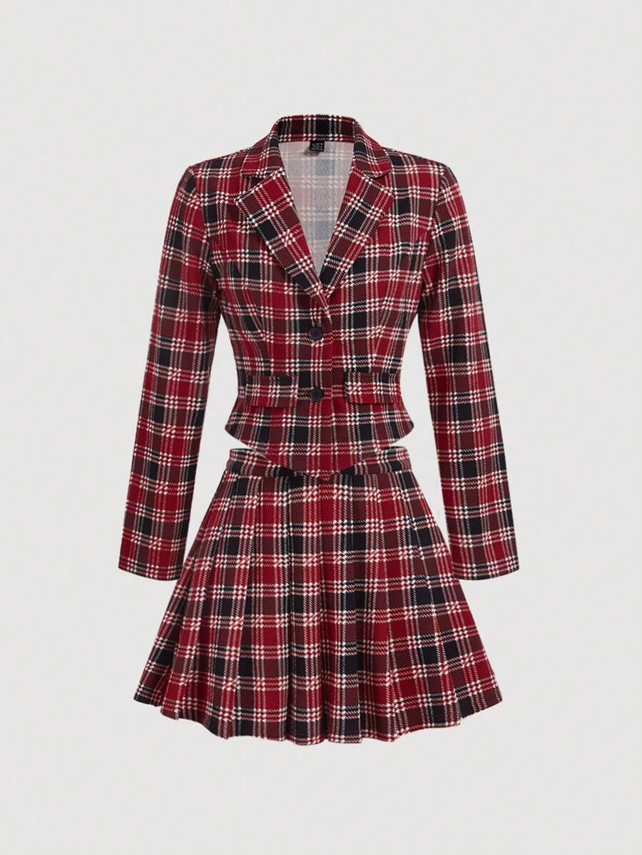 SHEIN MOD 女士红色和黑色套装：格子翻领西装外套和褶皱迷你裙，春秋女士裙套装，女巫，演唱会服装，西部，机场，商务，工作，， - 紅色 - 查看 1
